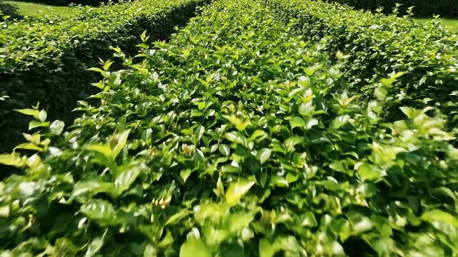 High angle top-down slow movement shot across a perfectly manicured, dense green hedge of jasmine foliage creating a calming natural texture pattern bush, fresh, greenery