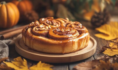 Freshly baked cinnamon rolls topped with caramel glaze, warm golden tones creating a delicious and cozy autumn aesthetic