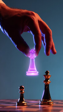 Purple glowing queen chess piece hovering above opposing king. Concept of dominance in strategy games, gambling advantage, tactical superiority, competitive positioning, and winning mindset.
