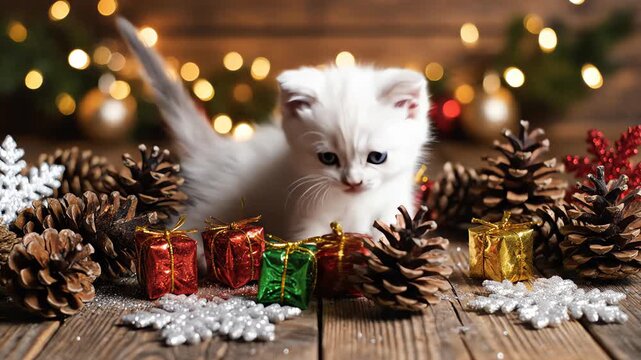 High angle tracking shot above a mischievous white kitten batting tiny wrapped miniature holiday presents sitting among pine cones and decorative snowflakes feline, detailed, playful