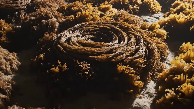 High angle top-down view slowly tracking over a dense arrangement of dried brown marine algae simulating an abstract natural landscape or textured ocean floor analogy, landscape, natural