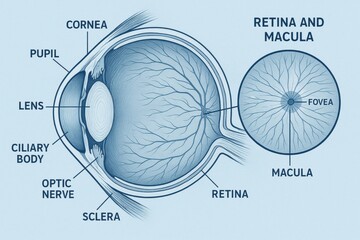 Diagram displays the parts of the human eye with clear labels. It includes the cornea, pupil, lens, optic nerve, and retina for educational purposes.