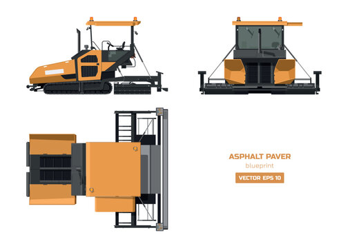 Asphalt paver drawing. Side, top and front views. 3D industrial road machine. Urban building vehicle. Isolated roadwork equipment