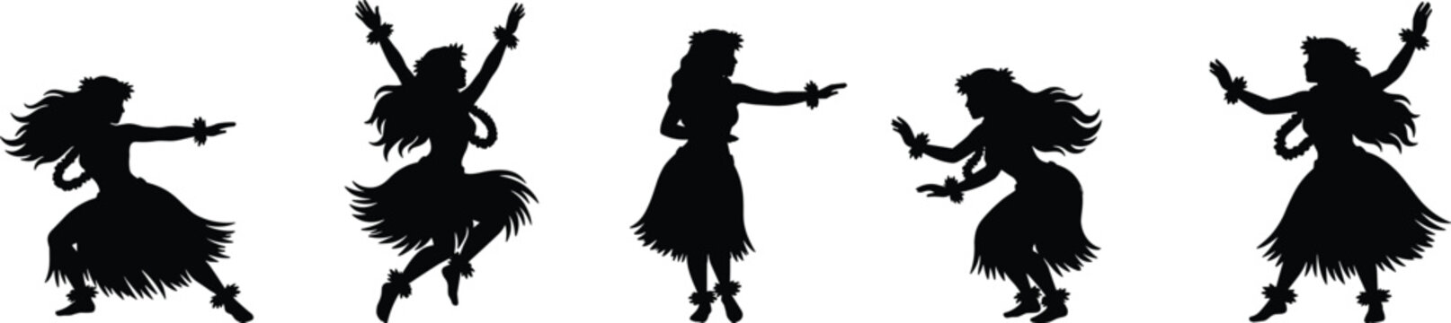 Traditional Hawaiian hula dancer silhouettes performing tropical island dance movements, cultural folk performance isolated on white background illustration