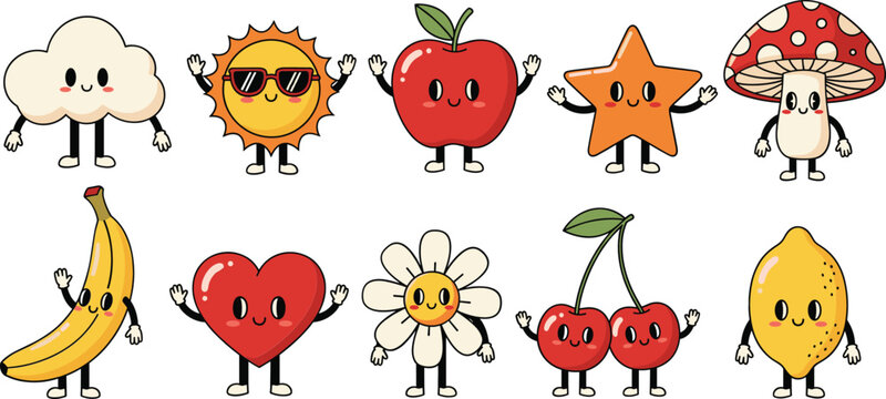 Cute kawaii cartoon characters vector set with smiling fruits sun cloud star flower and mushroom