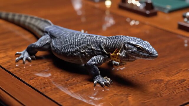 High angle tracking shot of a monitor lizard wearing a crisp navy business suit and brightly patterned yellow tie, walking confidently across a polished miniature mahogany surface miniature set