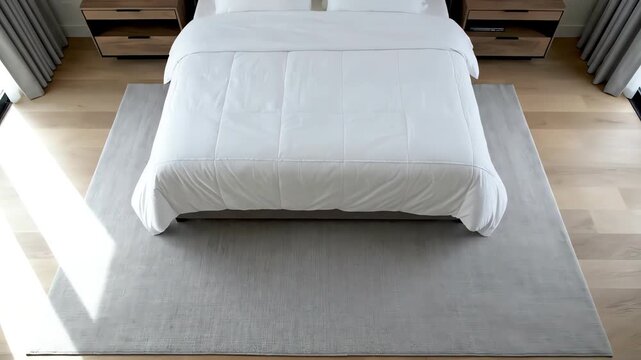 High angle vertical drop shot descending slowly over an expansive modern bedroom layout highlighting the symmetry and a clean square mockup area calm, symmetry, perspective