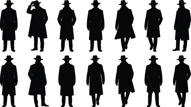 Vintage noir detective silhouettes wearing trench coats and fedora hats, mysterious walking men isolated on white background illustration