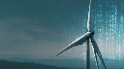 Wind Turbine Generating Clean Energy in a Modern Landscape with Digital Overlay.