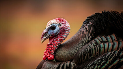 Close up of a male turkey with vibrant feathers