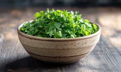 Freshly chopped green parsley in a rustic ceramic bowl, vibrant color contrasting with a neutral wooden background, soft shadows adding a natural and organic feel
