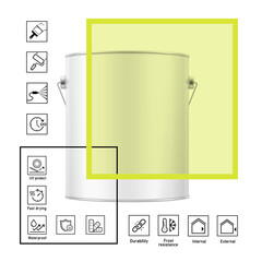 Realistic metal bucket with a handle and set icons. Vector illustration isolated on white background. Perfect for your design. EPS10.