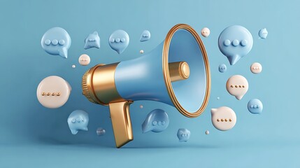 Golden megaphone with speech bubbles on blue background.