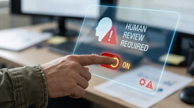 Hand pressing virtual "Human Review Required" button on transparent display AI Human Oversight concept
