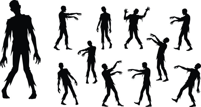 Zombie Silhouette Set Showing Walking Undead Figures in Horror Poses, Creepy Halloween Characters, Scary Apocalypse Illustration Collection for Dark Themes