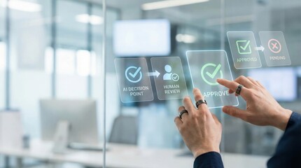 Hand selecting approval on transparent digital touchscreen in office AI Human Oversight concept