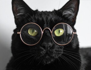 丸眼鏡をかけた黒猫の知的でユーモラスなスタジオポートレート