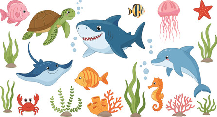 Cute ocean animals vector illustration set with shark dolphin turtle fish jellyfish and coral characters © Sumon Creative