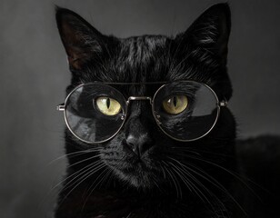 丸眼鏡をかけた黒猫の知的でユーモラスなスタジオポートレート