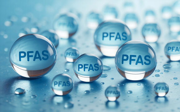 PFAS Text Inside Blue Water Droplets for Chemical Pollution Concept