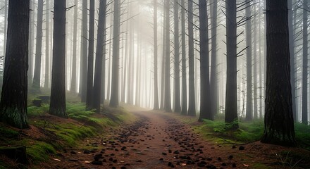 Obraz premium Misty Forest Path with Tall Trees and Ethereal Light.