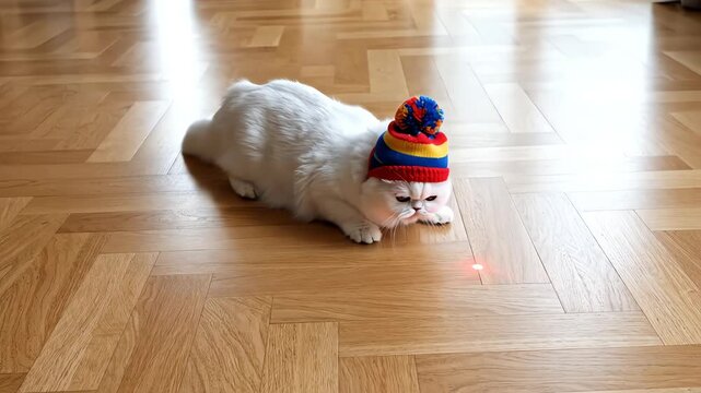 High angle wide shot of a fluffy white Persian cat wearing a striped pom pom winter cap quickly darting and pouncing after a fast-moving red laser on a clean parquet floor laser, domesticpet, Persian