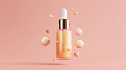 Dropper bottle with cosmetic serum surrounded by floating spheres on a peach background. Skincare oil for beauty and anti-aging care. Natural essence for face.