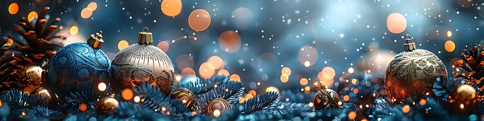Fototapeta premium Panoramic Christmas background with ornaments and bokeh lights