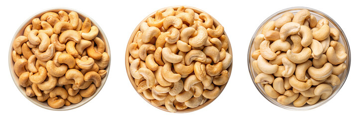 Set of A bowl of cashew nuts isolated on a transparent background