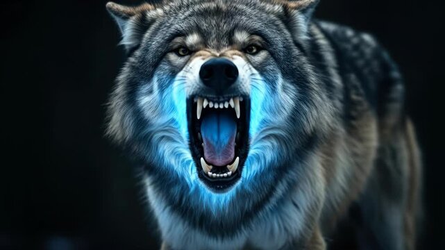 Ferocious wolf growling with sharp teeth in dark environment.