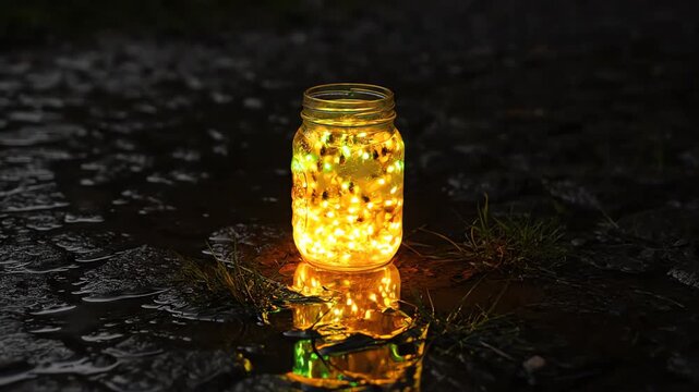 High angle, isolated wide shot looking down upon a single jar filled with luminous fireflies sitting on a dark, wet ground casting an isolated circular light patch overhead, magic, night