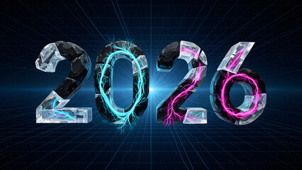 Futuristic year 2026 depicted with glowing numbers emanating electric energy against a dark digital grid background