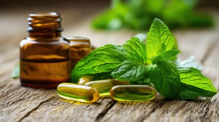 Essential oil bottle with green mint leaves and softgels on rustic wooden surface. Natural herbal medicine and aromatherapy concept. Vitamin oils, supplements capsules, pills for health.