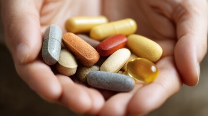 Woman holding a handful of colorful supplement pills. Health and wellness concept for daily vitamin intake and medication. Many pharmaceutical capsules. Lots of tablets, medicines in hand.