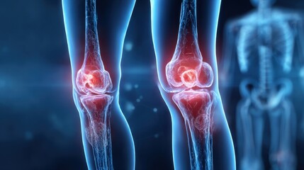 Joint pain medical illustration showing inflamed knee with red highlight. Concept of injury, arthritis, or rheumatism in human anatomy for medical information.