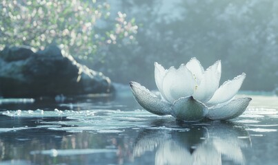 Frost-covered lotus flower floating on still water, its delicate petals illuminated by soft morning light, creating a tranquil and serene atmosphere