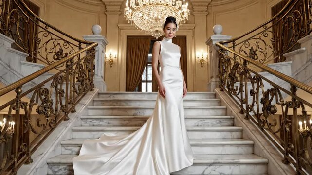 Elegant Asian bride in a luxury wedding dress posing on a grand staircase. A beautiful woman in a white satin gown in a magnificent mansion interior. Bridal fashion concept