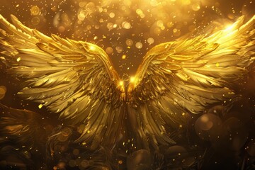 Fototapeta premium Large golden feathered wings shining with bright light on a dark, mysterious background