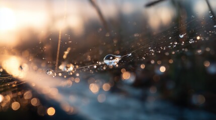 Obraz premium Morning light reflects off water droplets on a spider web in a natural setting