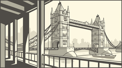 Obraz premium London skyline featuring tower bridge and a boat, beautifully framed by window bars over water. Ideal for travel brochures and cityscape banners.