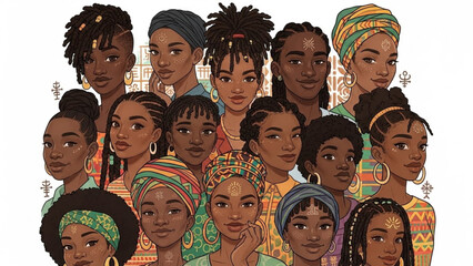 Diverse group of young black women with colorful head wraps and hairstyles looking forward