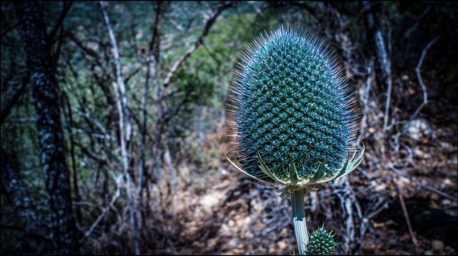 Close up of a teasel flower in a forest setting with textured detail