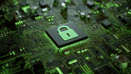 Glowing green lock icon superimposed on an intricate computer circuit board