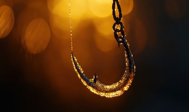 Frosted fishing hook illuminated by soft golden light, sharp details, and a bold minimalist composition