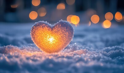 Frosted heart-shaped ornament glowing softly on a snow-covered surface, warm lighting, and a romantic seasonal composition