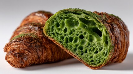 Fototapeta premium Sliced croissant showcases its flaky exterior and unique green interior, inviting exploration of its enticing texture and flavor. A simple delight for pastry lovers