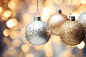 Silver and gold christmas balls hanging against a blurred background of festive lights, creating a warm holiday atmosphere