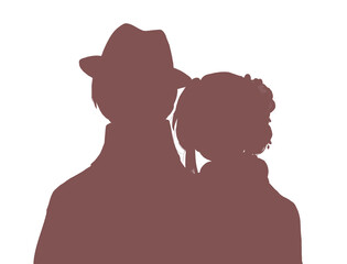 寄り添う着物を着た男女　帽子　襟巻　バストアップ　シルエット