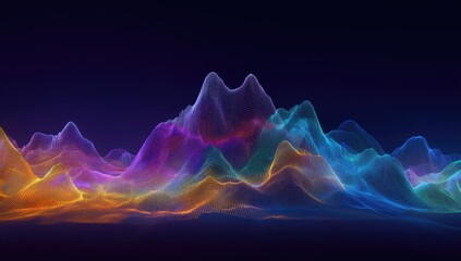 Vibrant abstract digital landscape with colorful glowing wavy forms against dark background