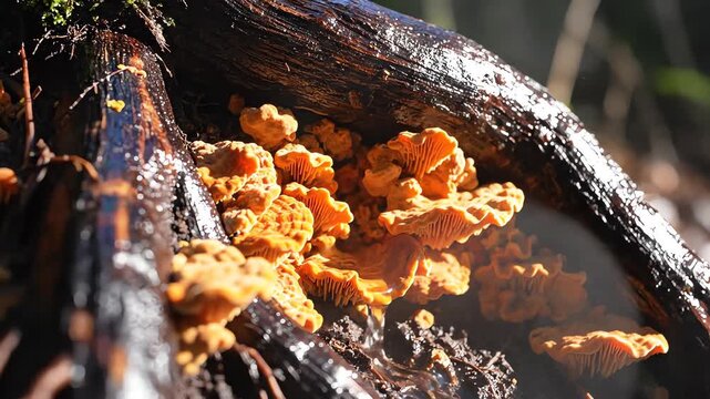High contrast lighting emphasizes the vibrant orange and yellow colors of crust fungi clustered densely at the base of a wet, dark tree root system lichen, natural pattern, growth